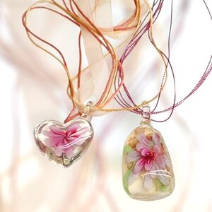Blown Glass Flower Necklaces – Pink Heart & Drop Pendant Set – Floral Boho